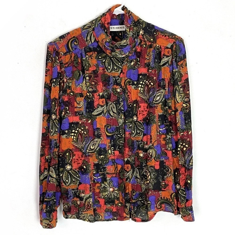 Vintage 80s 100% Silk Multicolored Blouse Large